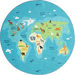 the carpet Happy Life Tapis de Jeu, Lavable, pour la Chambre, Convient aux Enfants, au Motif de la Carte du Monde de la Terre et des Animaux, Bleu, 200 x 200 cm