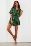 Button Down Playsuit In Dark Green With White Polka Dot Print