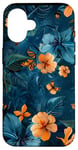 Coque pour iPhone 16 Motif floral abstrait bleu avec abeilles tropicales vintage