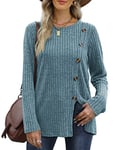 Aokosor Ladies Tops Long Sleeve Womens Lightweight Jumpers Button Front Slit Tunic Blue Size 22-24