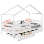 Lit cabane ENA lit enfant simple montessori 90 x 200 cm, avec 2 tiroirs de rangement, en pin massif lasuré blanc