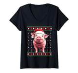 Womens Ugly Christmas Sweater Pig Lover Santa Hat Funny Holiday V-Neck T-Shirt