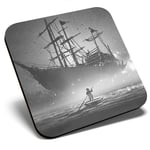 Square Single Coaster bw - Ghost Magical Ship Pirate Fantasy  #35961