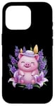 Coque pour iPhone 16 Pro Cochon en style dessin animé kawaii avec lavande et lys