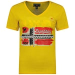 Geographical Norway jinny Lady T Shirt Col V Mode Femme - Tee Shirt Fashion Coupe Reguliere - Vetements Manches Courtes Marque - Printemps Ete Automne Hiver (Jaune L)