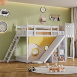 Lit superposé 90x200cm - Lit enfant en bois avec échelle, clôtures, rideau de lit, toboggan et étagère de rangement - Blanc