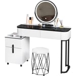 Woltu - Coiffeuse avec Miroir led et Tabouret en Velour 100x40x125 cm, Table de Maquillage Assemblage Flexible, Blanc+Noir