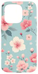 iPhone 15 Pro Pastel Pink White Flowers Light Blue Background Pattern Case