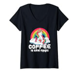 Womens Coffee Is Real Magic Unicorn Rainbow V-Neck T-Shirt