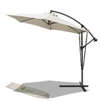 VOUNOT 3m Cantilever Garden Parasol, Banana Patio Umbrella with Crank Handle, Wind Protection Strap and Tilt for Outdoor Sun Shade, Beige