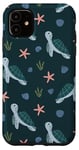 Coque pour iPhone 11 Joli motif floral tortue de mer bleu marine corail et coquillage