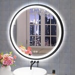 S'bagno Miroir Salle de Bain avec Eclairage 600 mm, Miroir Rond Salle de Bain avec Cadre Aluminium, Anti-Buée, 3000-6500K, Verre Trempé HD ，IP44 Miroir Lumineux Salle de Bain Fonction Mémoire, Noir