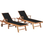 Helloshop26 - Lot de 2 transats chaise longue bain de soleil lit de jardin terrasse meuble d'extérieur avec coussin noir bois de teck solide - Bois