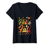 Womens Hello Fall Autumn Colors Leaves Pumpkins Fall Vibes Season V-Neck T-Shirt