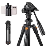 K&F Concept 70 inch/177cm Video Tripod,Lightweight Travel Tripod with 3-Way Swivel Pan Tilt Head Load 3kg/6.6 lbs,Cellphone Holder Smartphone Clip Quick Release Plate, for Phone SLR DSLR Camera K234A0