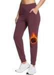 BALEAF Pantalon de jogging thermique doublé en polaire pour femme, résistant à l'eau, taille haute avec poches pour la course à pied, rouge vin, M