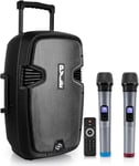 Pyle Système de sonorisation Portable Karaoké - Haut-Parleur Bluetooth à Alimentation Active de 1600 W, Batterie Rechargeable, roulettes faciles à Transporter,USB MP3 RCA, Radio FM,2 microphones UHF