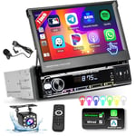 Hikity Autoradio 1 Din avec Écran Rétractable 7 Pouces sans Fil Carplay Poste Radio 1 Din avec Bluetooth Mains Libres Android Auto FM AUX TF USB SWC Mirror Link Caméra de Recul