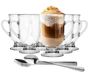 Glasmark KROSNO 1992 Lot De 6 Verres À Café Avec Poignée À Pied Tasses À Café Latte 380 ml Avec Cuillères En Verre Transparent Lavable Au Lave-Vaisselle Elton