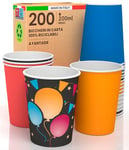 BlackpartyMix Lot de 200 verres en papier biodégradables écologiques jetables fabriqués en Italie pour emporter des boissons chaudes à l'eau – Mélange de couleurs rouge bleu orange BlackParty –