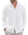 J.VER Men's White Linen Cotton Shirts Long Sleeve Regular Fit Casual Solid Shirt Lightweight Summer Beach Shirts with Pocket