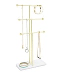 Umbra Trigem Hanging Jewelry Organizer – 3 Tier Table Top Necklace Holder, Jewelry Box and Jewelry Display with Jewelry Tray Base, White/Brass