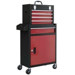 HOMCOM Chariot d'atelier Servante d'Atelier sur roulettes, Chariot avec Caisse à Outils Amovible, 5 tiroirs et Armoire verrouillable, 60 x 28 x 105 cm Rouge