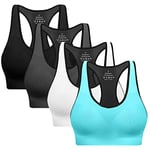 Racerback Sports Bras for Women with Pads - 4 Pack High Impact Athletic Tank Tops for Yoga and Workout, Black/Grey/Blue/White, S