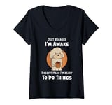 Womens Funny Just Because I’m Awake Cute Doodle Dog with Coffee V-Neck T-Shirt