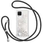 Glitter Liquide Collier Coque pour Samsung Galaxy A12 5G, Glitter Silicone Paillette Étui Protection TPU Bumper Flowing Liquide Housse, Bling Transparent Case avec Réglable Tour de Cordon -Noir