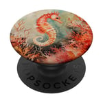 Hippocampe vibrant avec illustration de corail coloré PopSockets PopGrip Adhésif