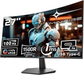 Écran PC 27 Pouces Full HD (1920x1080) avec Haut-parleurs intégrés, 100Hz, 1ms, 1500R Eye Care et FreeSync, VESA, HDMI 1.4, Type-C 2.5W, Protection oculaire, Inclinable, VESA 75x75 - Noir