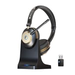 Wireless Headset, Bluetooth Headset With Microphone Noise Canceling & USB Dongle, On Ear Headphones with Charging Dock & 50hrs Working Time for Computer/Mobile Phones/Ms Teams/Skype/Zoom/Office