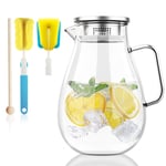 Honneeo Glass Pitcher 1.8 Liter Fridge Jug 61 Ounces Carafes 304 Stanless Still Lid with Filter Hot Cold Iced Water Wine Coffee Milk Tea Juice Beverage Bottle with Stir Stick and Brush 1800ml