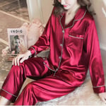 Kvinnor Satin Silk Look Nattkläder Pyjamas Långärmad nattkläder Set Red 2XL