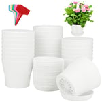 ADXCO Lot de 24 pots de fleurs en plastique de 10,2 cm avec soucoupes, pots de fleurs blancs, pots de pépinière et 24 étiquettes pour plantes d'intérieur et d'extérieur, conteneurs de jardinage, blanc