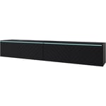 Meuble tv Lowboard d 180 cm, meuble de télévision avec éclairage led, meuble de télévision suspendu, coloris noir à chevrons