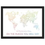 Artery8 World Travel Landmark Line Map Oh The Places You Will Go! Rainbow White Artwork Framed A3 Wall Art Print