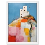 Artery8 House on the Hill Oil Painting Abstract Geometric Patchwork Palette Knife Pastel Colour Rural Landscape Artwork Framed A3 Wall Art Print