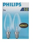 Philips 60w Ses E14 1000h Light Bulb Screw In Clear Candle Bulb 670 Lumen