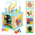 Cube D'activité Bébé Jouet Bebe 1 An, Jouets Éveil Montessori 1 2 3 Ans, Cadeau Noel Enfant Garçon Fille, 5 En 1 Jeux Bebe En Bois Avec Labyrinthe De Perles Et Horloge