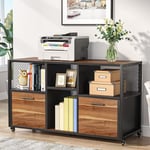 Armoire de bureau en bois avec 5 roulettes, 2 tiroirs et 4 compartiments ouverts, pour lettres/A4, support d'imprimante, design industriel, noyer