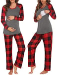 Ekouaer Pyjama d'allaitement pour Femme pour hôpital Manches Longues Modal de Grossesse Ensemble Pyjama 2 pièces Gris à Carreaux Rouges M