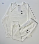 Nike Double Swoosh Fleece Full Tracksuit Set Crew Joggers White Black Size Large