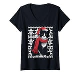 Womens Festive Cat in Santa Hat and Scarf Winter Animal Cat Lovers V-Neck T-Shirt