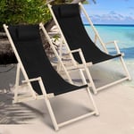 Einfeben - 2X Chaise longue en bois Chilienne Chaise de camping pliable Chaise longue de plage pliante Chaise de plage - noir