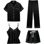 Dam 4-delad pyjamas set i siden satin sovkläder sexig pjs loungewear Black S