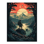 The Quest Concept Art Painting Blue Pink Samurai Master Looking at the Horizon in Japan Mountain Lake Landscape Unframed Wall Art Print Poster Home De