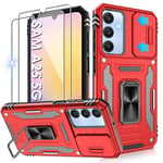 Jshru for Samsung A25 5G Phone Case with Screen Protector [2 Pack] and Slide Camera Cover,Galaxy A25 Shockproof Protection Case,Ring Kickstand Phone Cover for Samsung Galaxy A25,Red