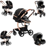 Sianldcone Cuir PU Poussette 3 en 1, Tissus Haut de Gamme Poussette Bebe, Poussoir Bidirectionnel Poussette Avec Cosy, Vision Buverte Poussettes Combinées (518 Black)